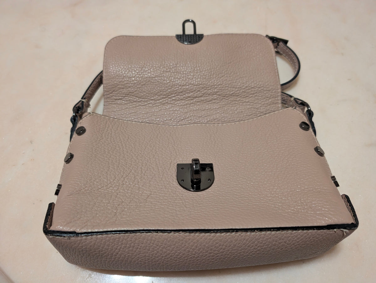 Italian Leather Crossbody Shoulder Bag Taupe Pebbled Leather Made Italy