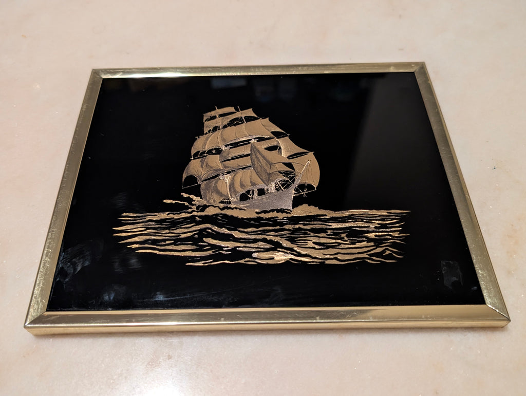 Vintage Kafka Industries #4118 3D Clipper Ship Foil Screen Etching Wall Art Framed Made in USA