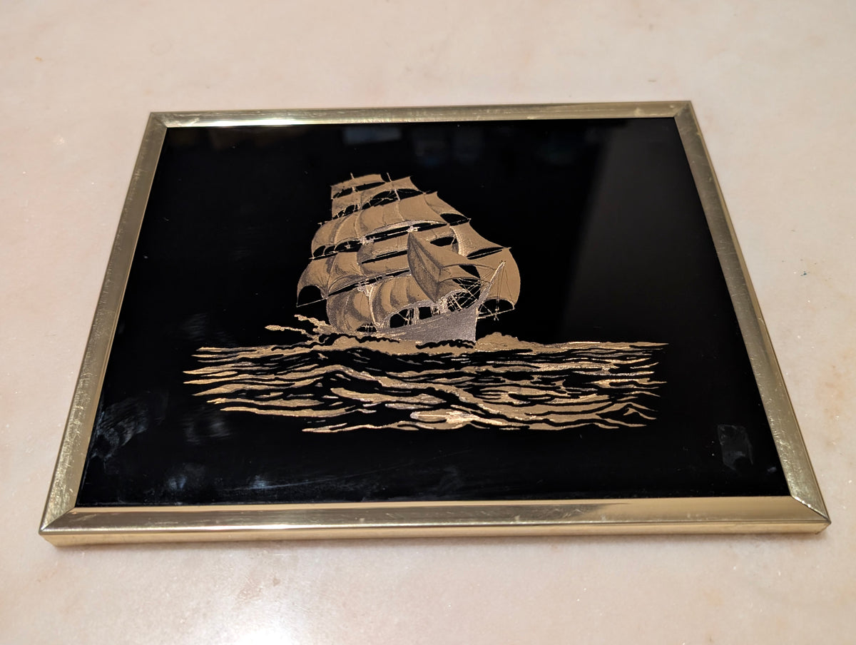 Vintage Kafka Industries #4118 3D Clipper Ship Foil Screen Etching Wall Art Framed Made in USA