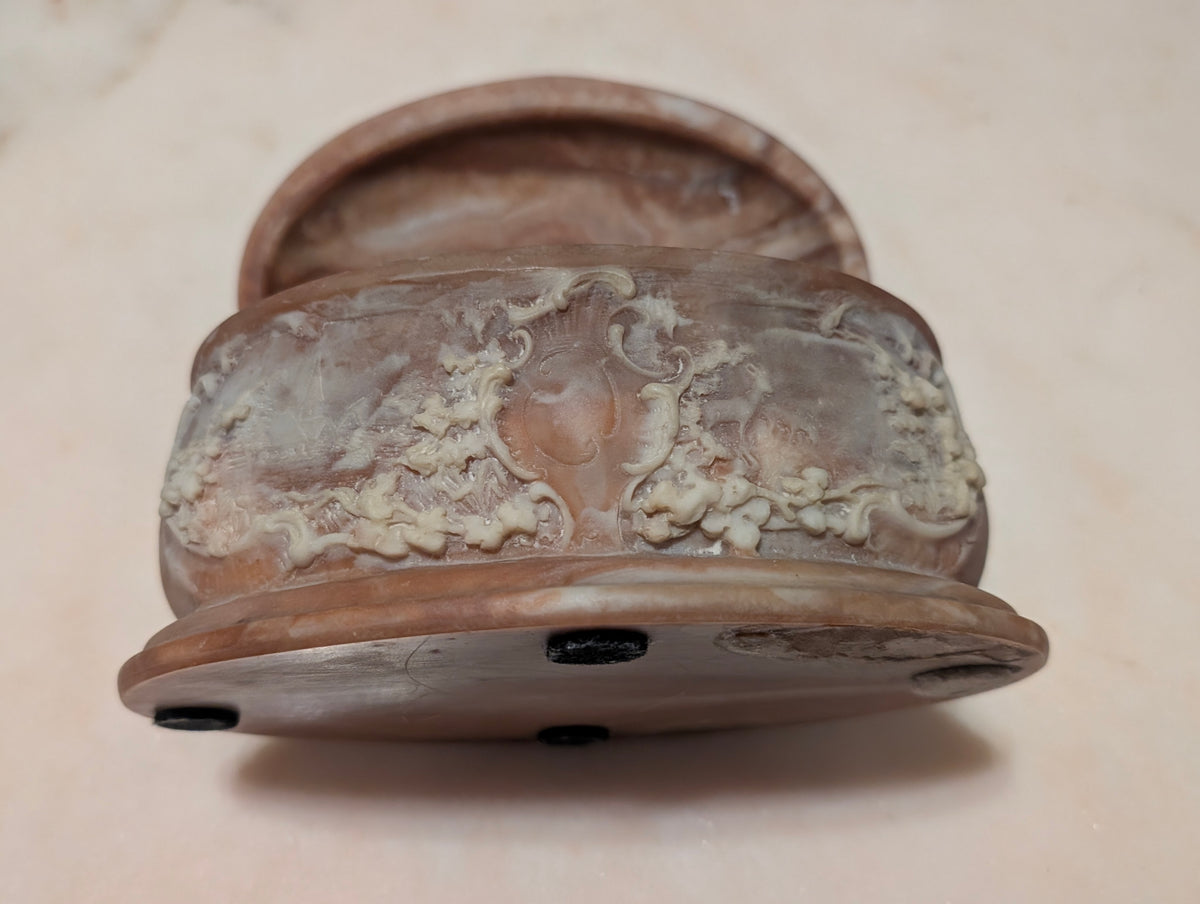 Vintage Genuine Incolay Stone Oval Jewelry Trinket Box Hinged Lid Handcrafted USA Cherubs