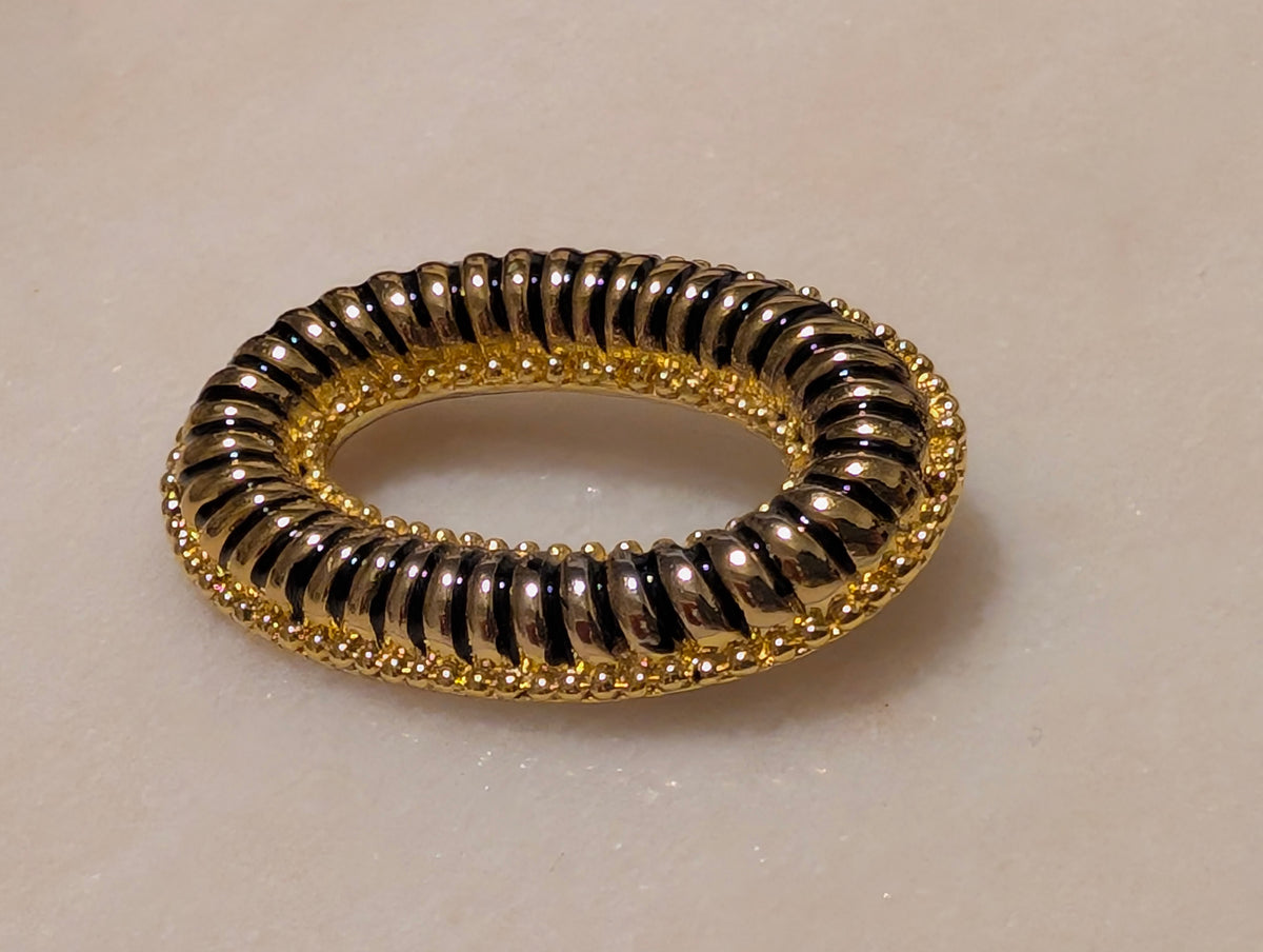 Vintage Black Enamel Gold Tone Oval Brooch