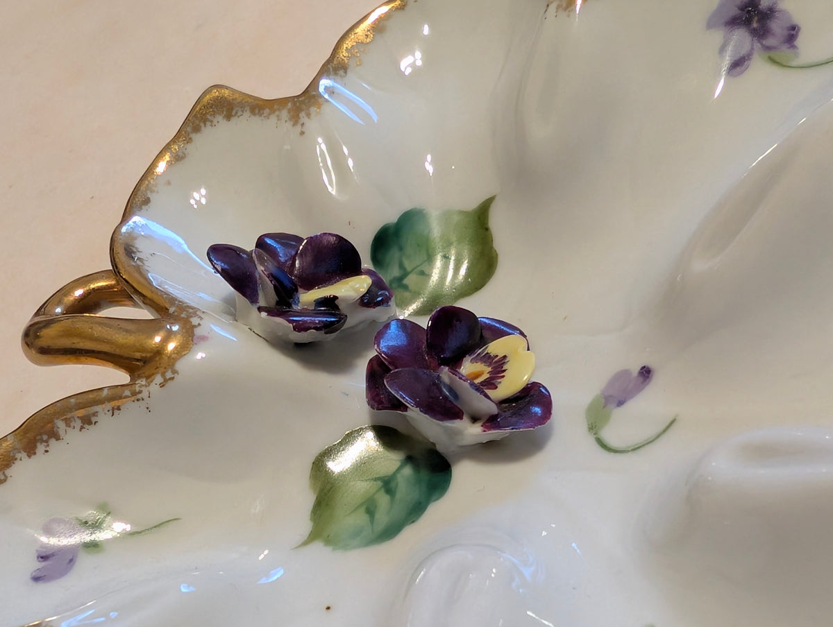Norcrest Fine China Hand Painted Leaf Dish with Applied Pansies Gold Trim #8/596