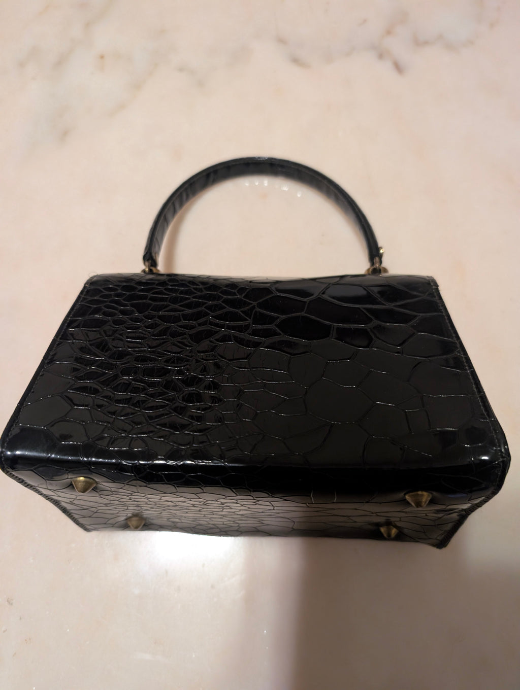 Black Patent Reptile Embossed Top Handle Handbag Mid Century Purse Retro
