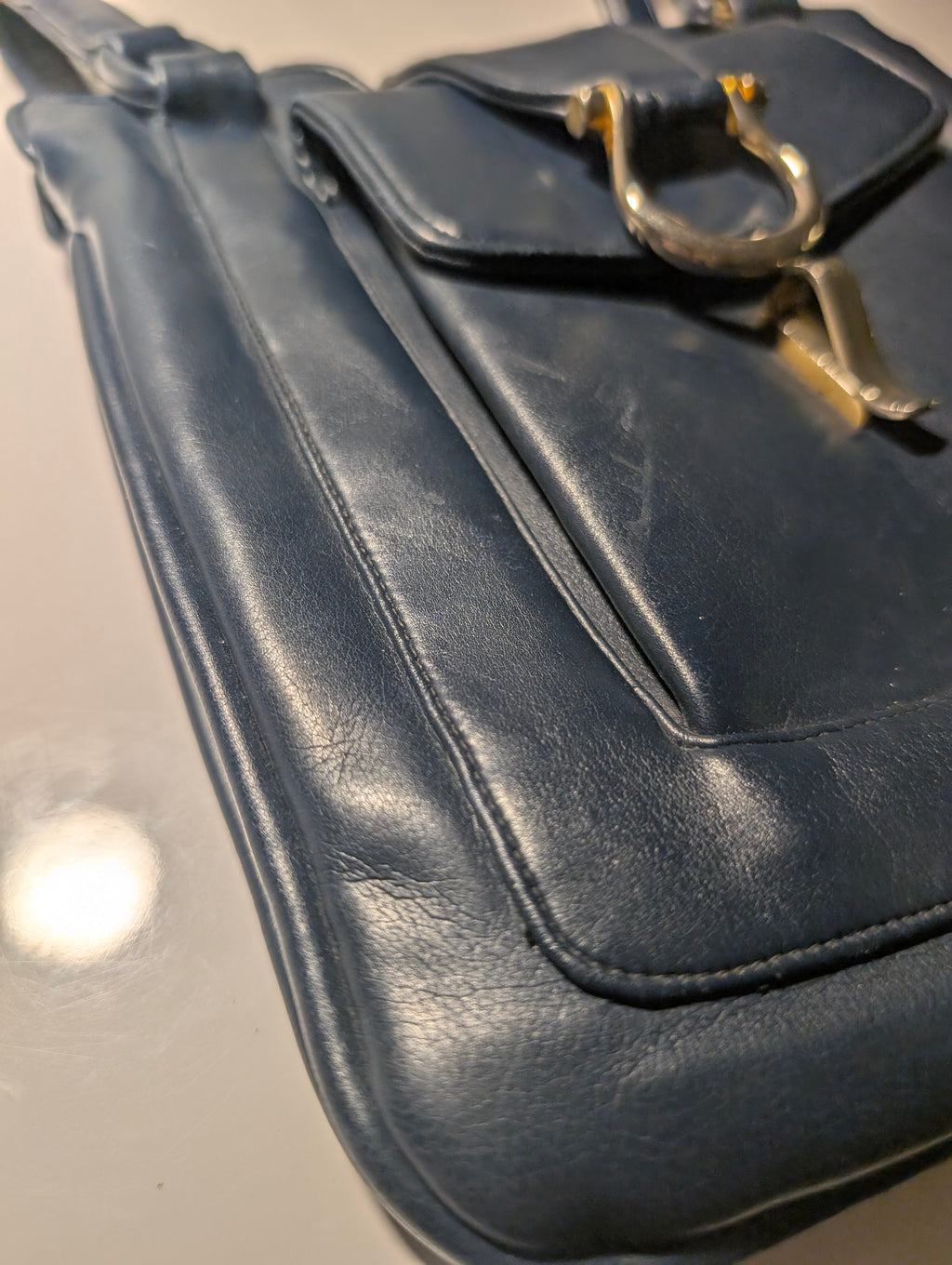 Lou Taylor Leather Navy Blue Shoulder Purse with Vanity Mirror