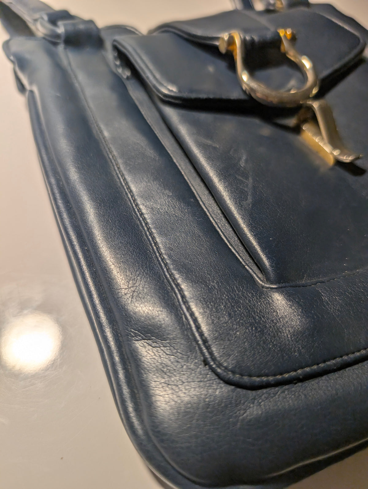 Lou Taylor Leather Navy Blue Shoulder Purse with Vanity Mirror