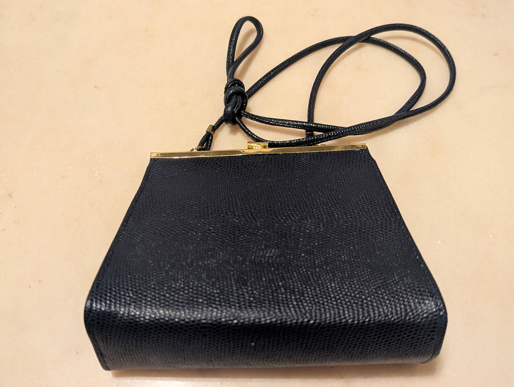 Vintage Black Lizard Embossed Evening Bag Gold Frame Convertible Clutch
