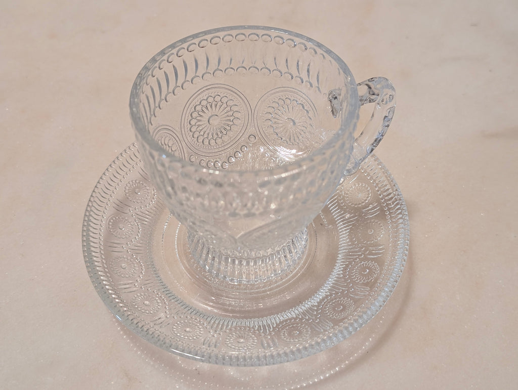 Vintage Clear Pressed Glass Teacup & Saucer Set Thumbprint Floral Pattern