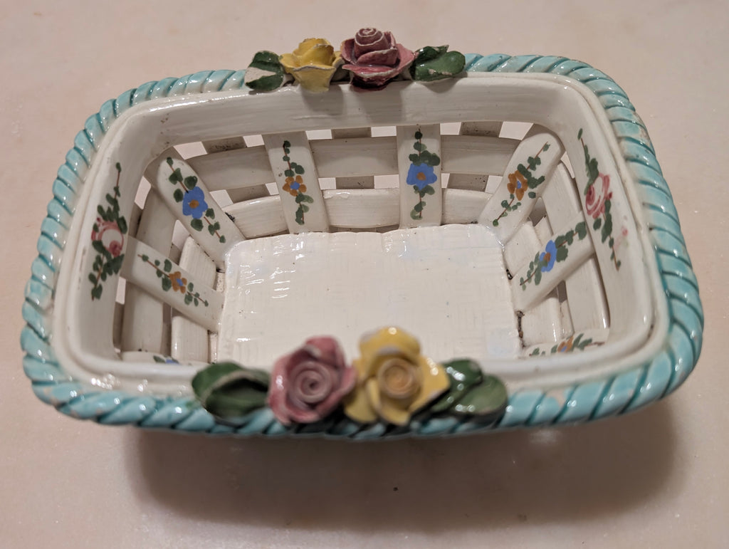Vintage Hand Painted Italian Ceramic Lattice Basket with Roses and Floral