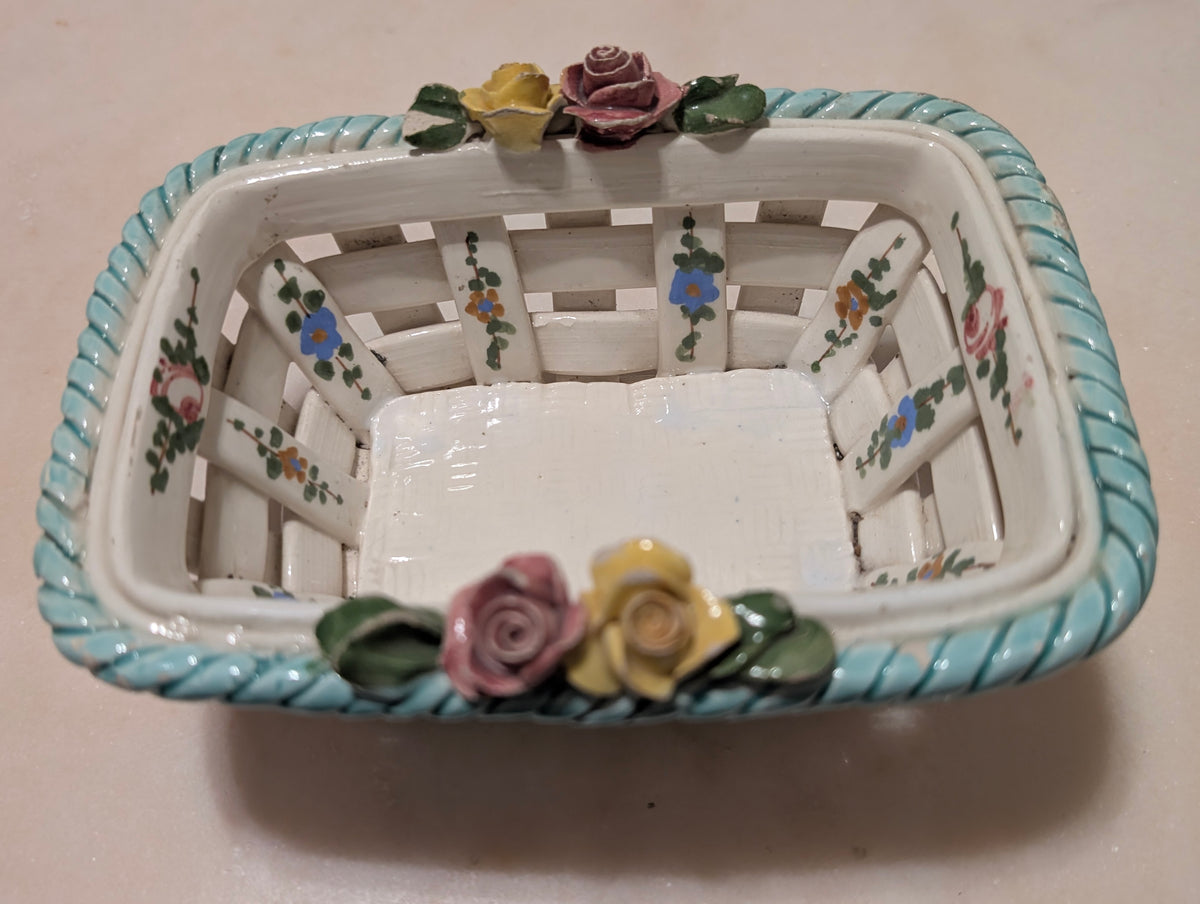Vintage Hand Painted Italian Ceramic Lattice Basket with Roses and Floral