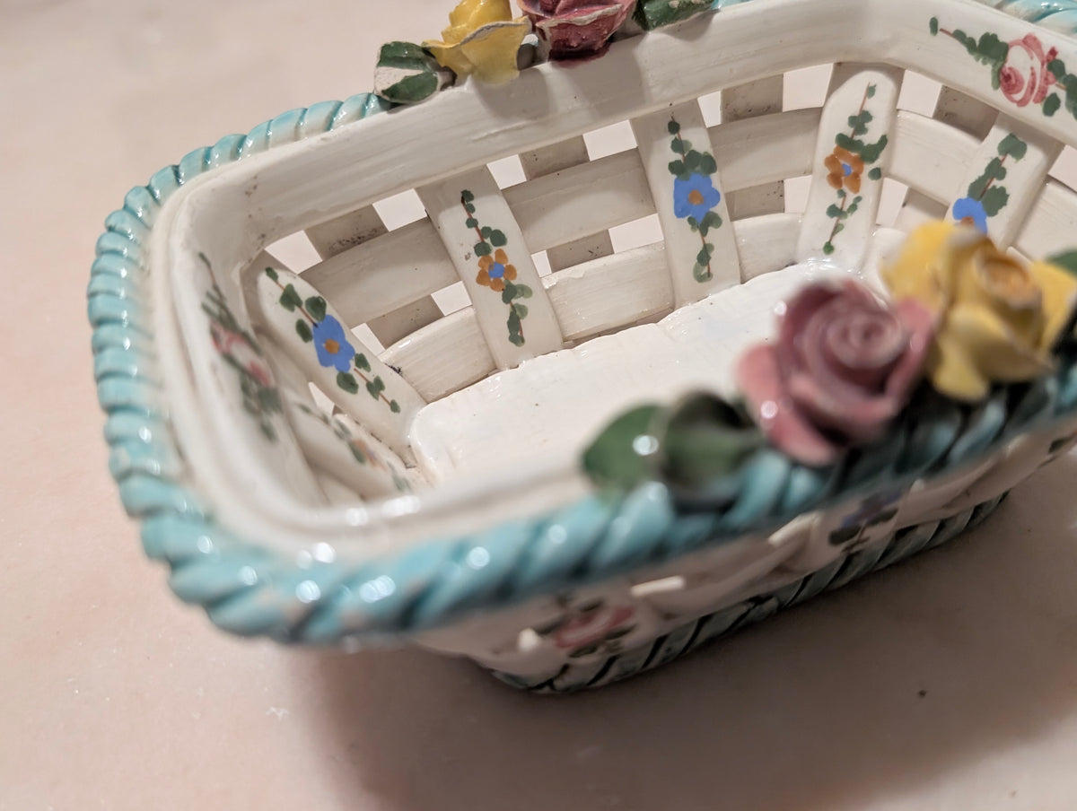 Vintage Hand Painted Italian Ceramic Lattice Basket with Roses and Floral