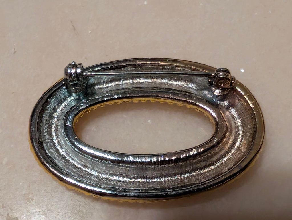 Vintage Black Enamel Gold Tone Oval Brooch