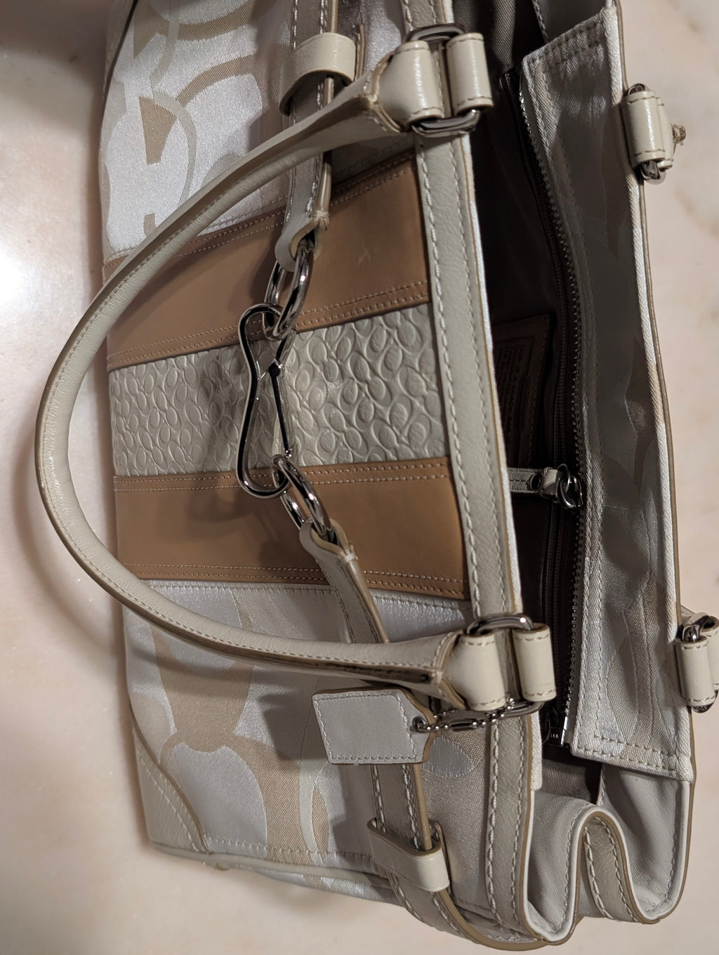 Coach Signature Jacquard Satchel Shoulder Bag Ivory Cream Tan Horsebit Leather