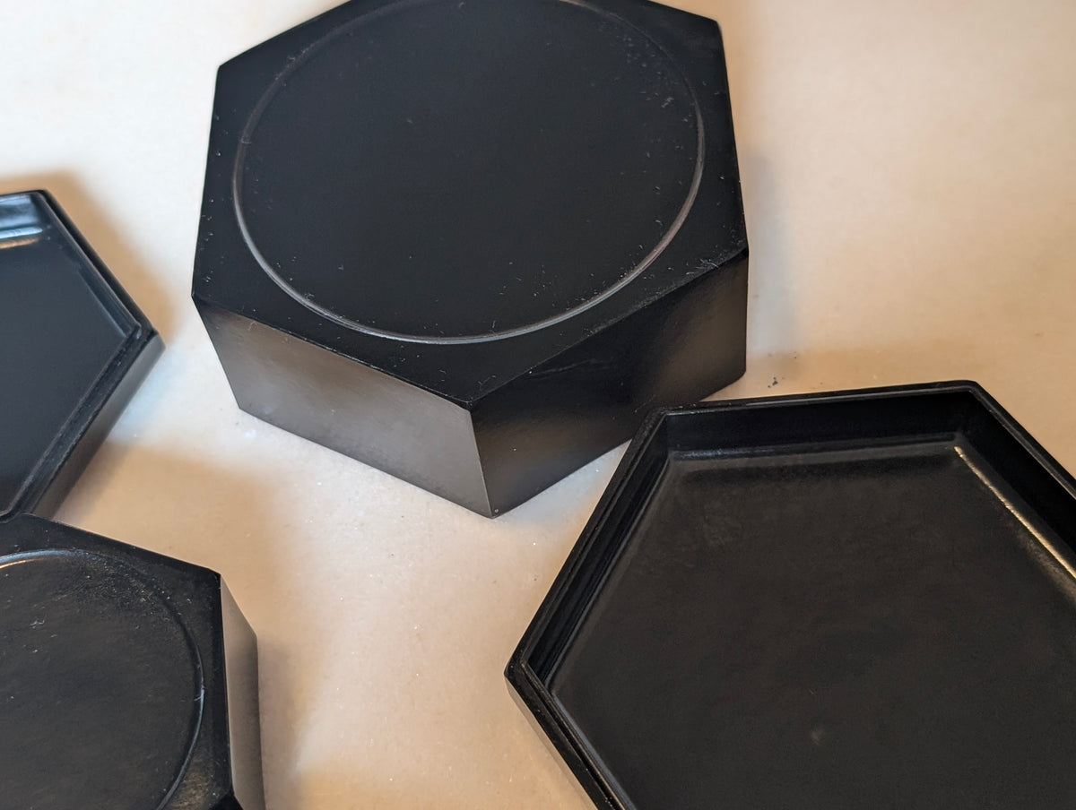 Japanese Black Lacquer Nesting Trinket Boxes Set of 3 Hexagon Mother of Pearl Butterfly Floral