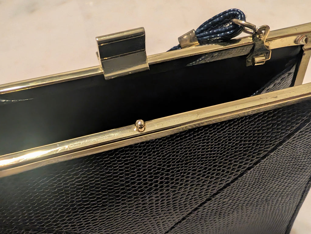 Vintage Black Lizard Embossed Evening Bag Gold Frame Convertible Clutch