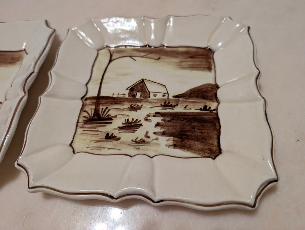 Vintage Italian Hand Painted Ceramic Landscape Plates Set of 2 Scalloped, Made in Italy