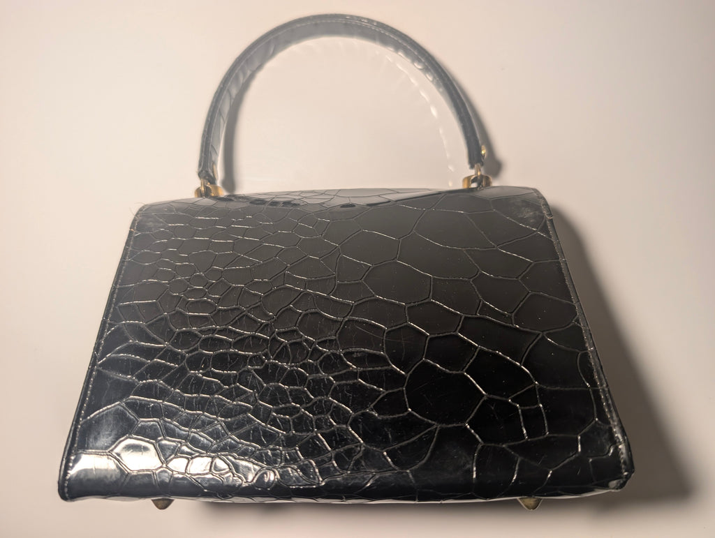 Black Patent Reptile Embossed Top Handle Handbag Mid Century Purse Retro