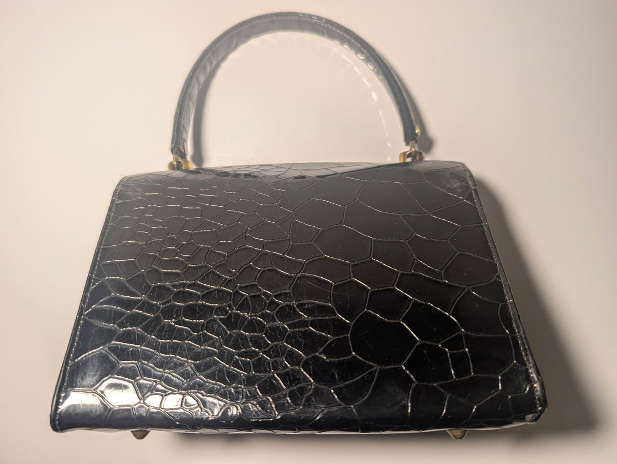 Black Patent Reptile Embossed Top Handle Handbag Mid Century Purse Retro