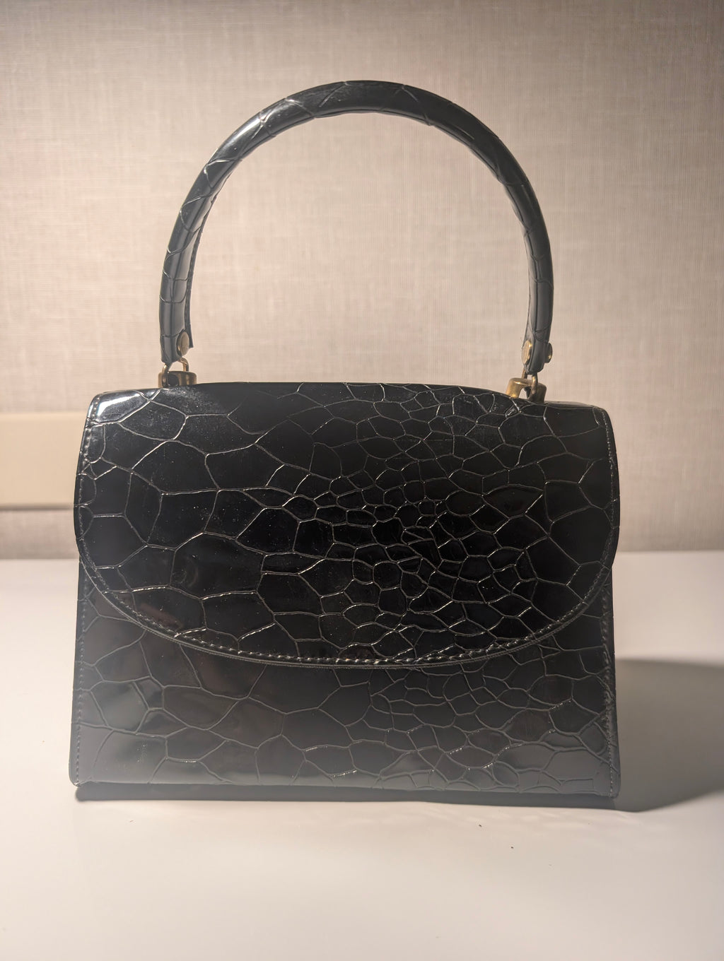 Black Patent Reptile Embossed Top Handle Handbag Mid Century Purse Retro