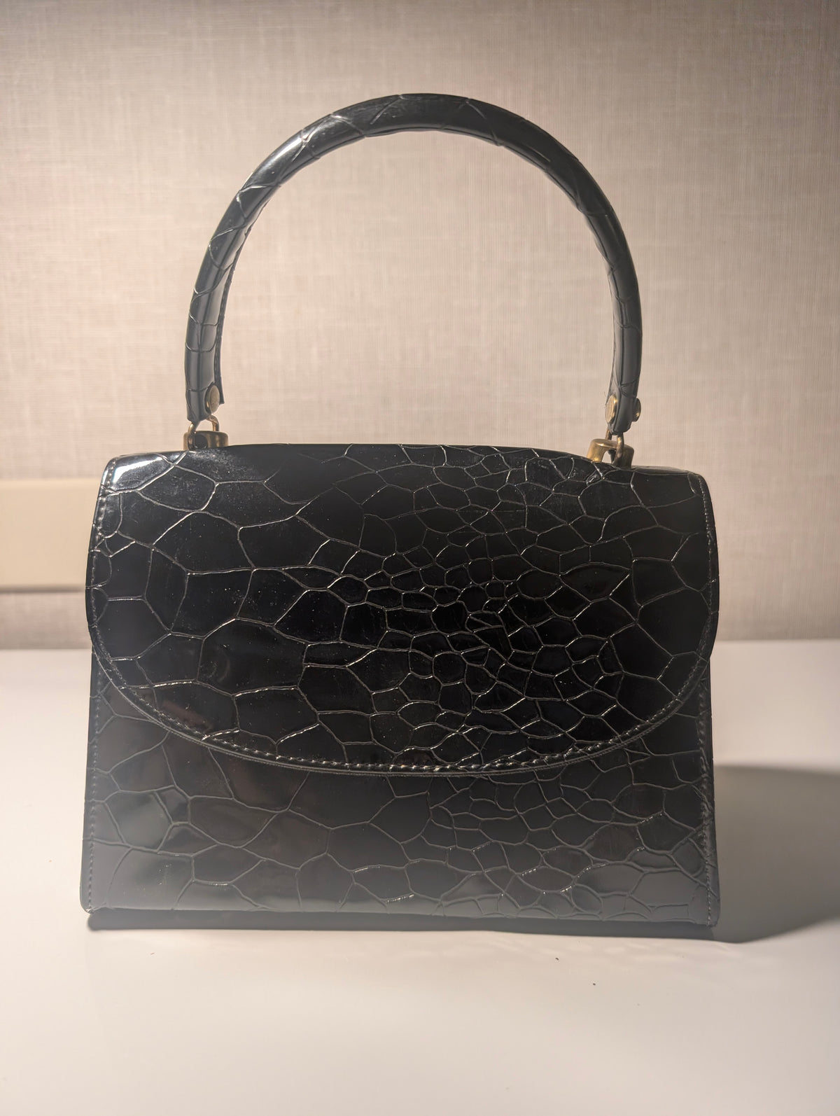Black Patent Reptile Embossed Top Handle Handbag Mid Century Purse Retro