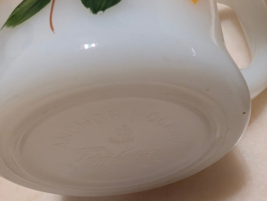 Anchor Hocking Fire-King Milk Glass Coffee Mugs Hand Painted Floral Set (2)