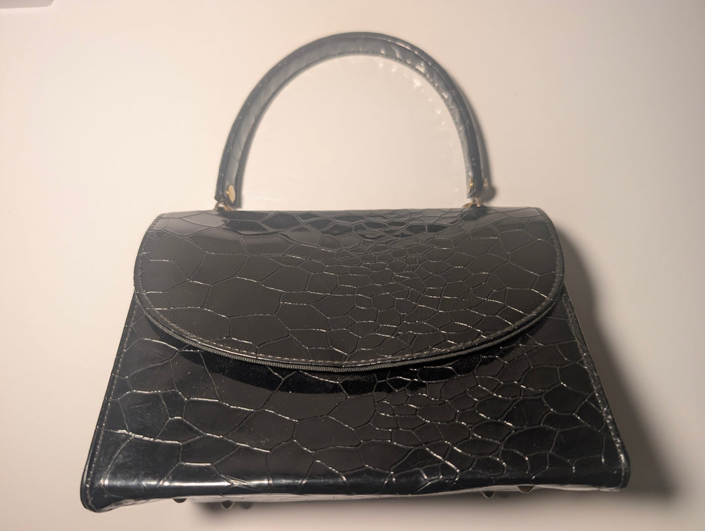 Black Patent Reptile Embossed Top Handle Handbag Mid Century Purse Retro