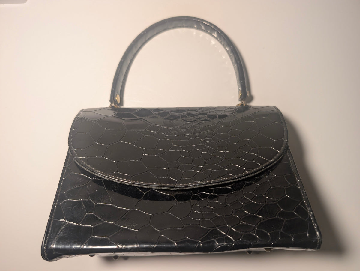 Black Patent Reptile Embossed Top Handle Handbag Mid Century Purse Retro