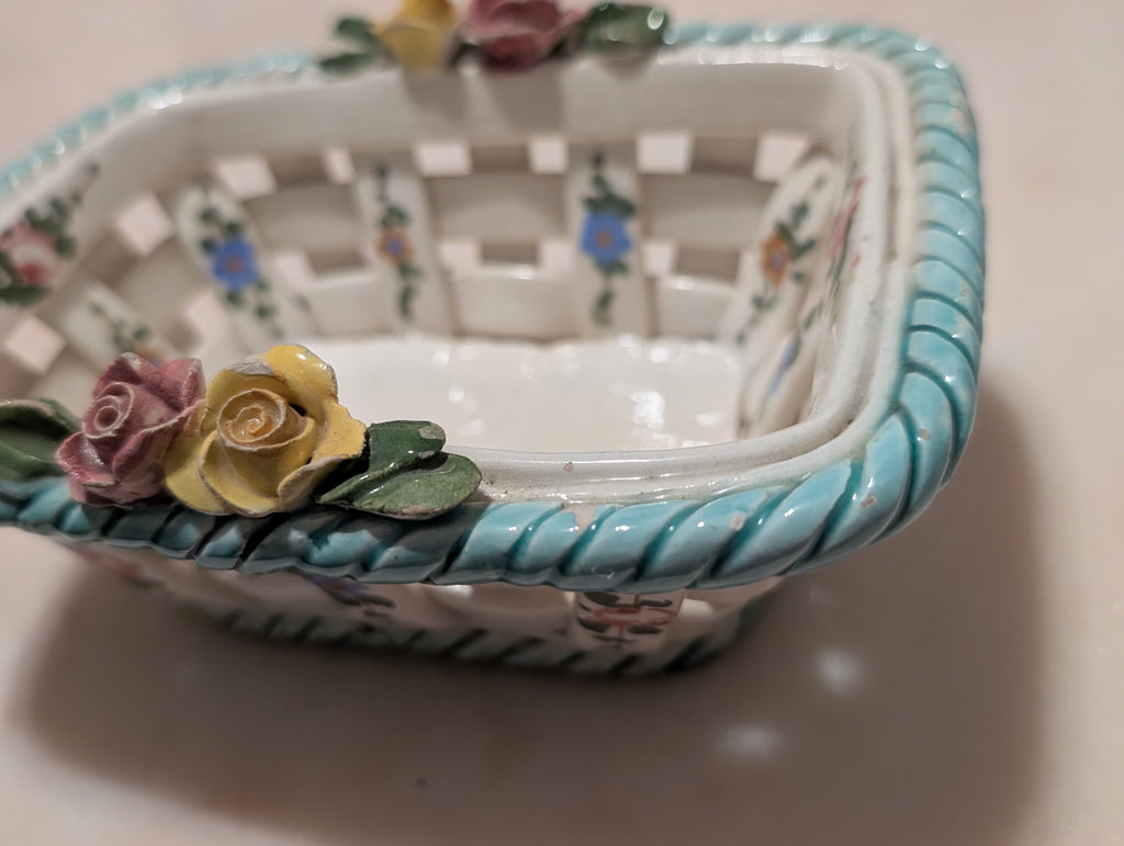 Vintage Hand Painted Italian Ceramic Lattice Basket with Roses and Floral