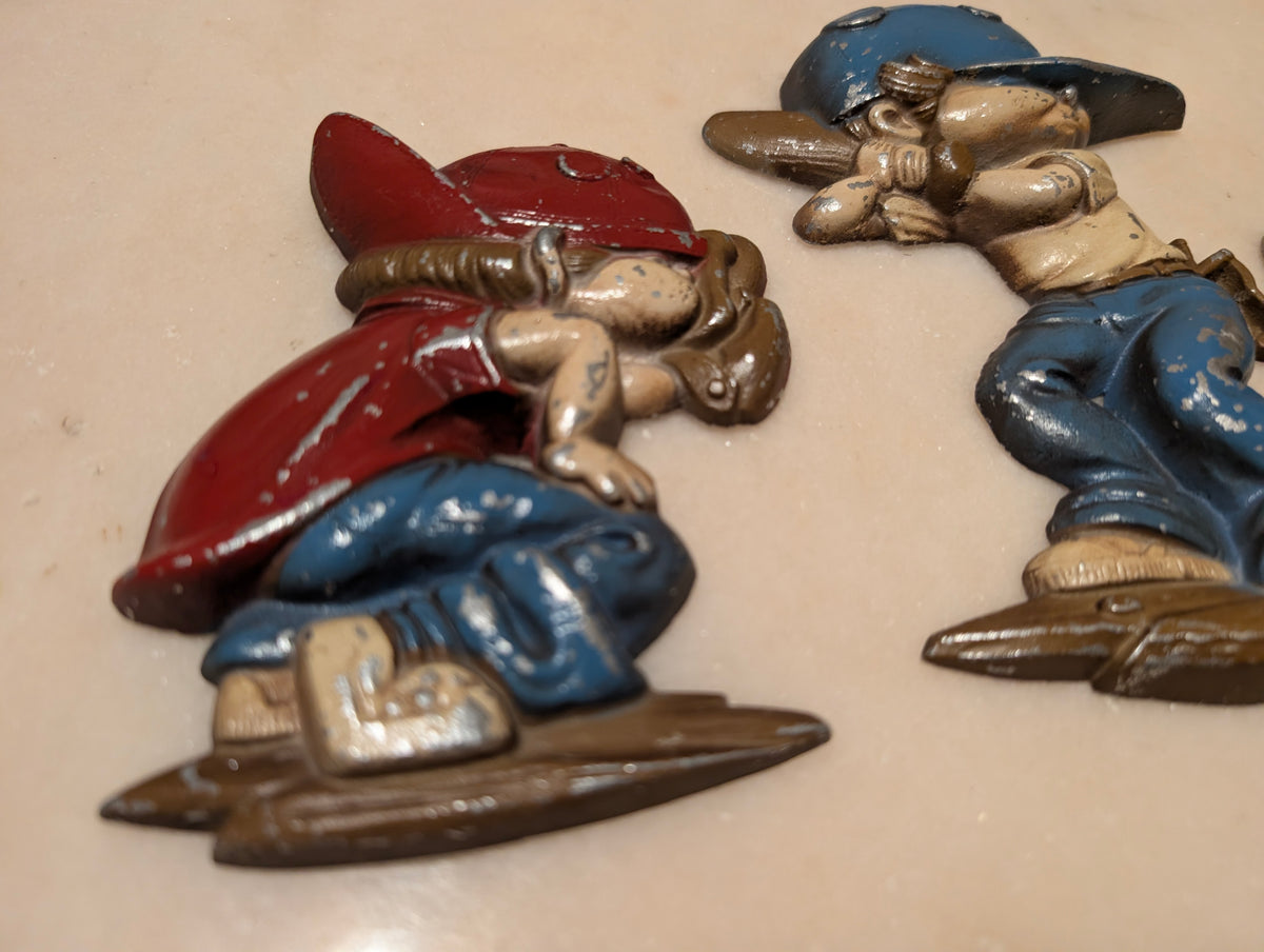 Vintage Sexton Cast Aluminum Baseball Wall Plaques (3) Catcher, Batter, Runner