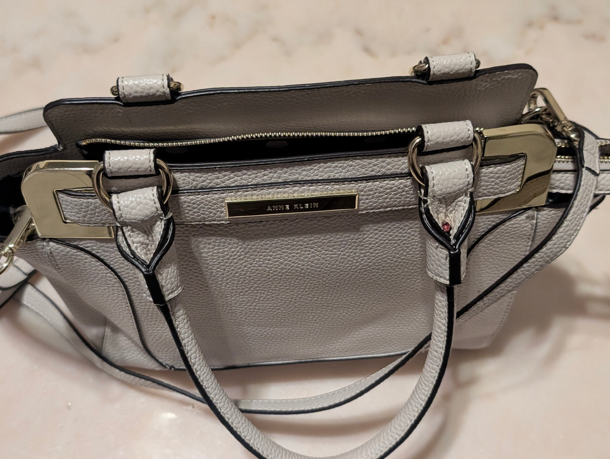 Anne Klein Light Gray Pebbled Satchel Crossbody Handbag Purse Gold Hardware