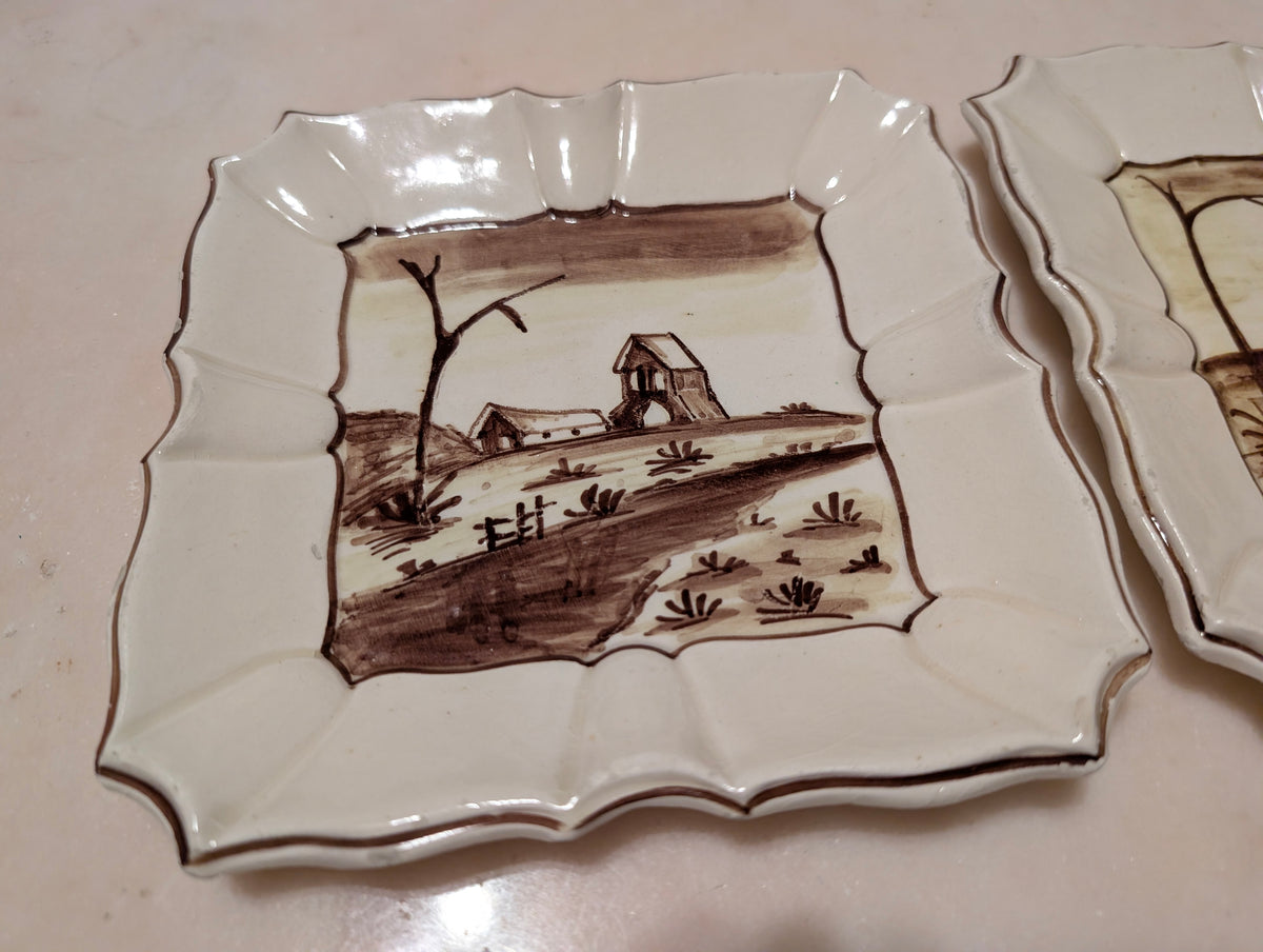 Vintage Italian Hand Painted Ceramic Landscape Plates Set of 2 Scalloped, Made in Italy