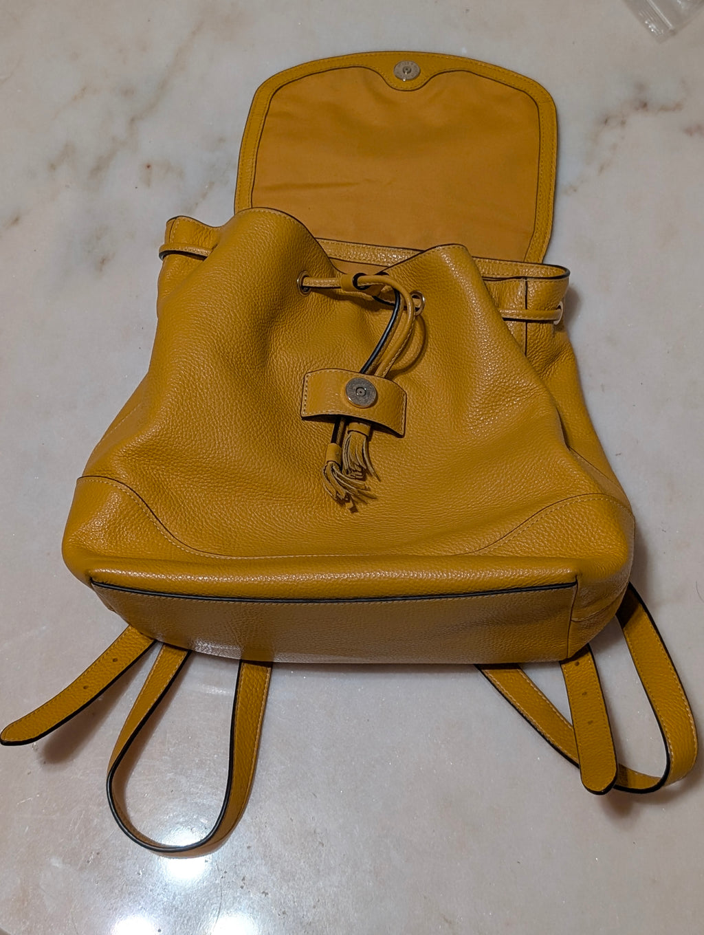 Coach F72645 Mustard Yellow Pebbled Leather Backpack Drawstring Flap Bag