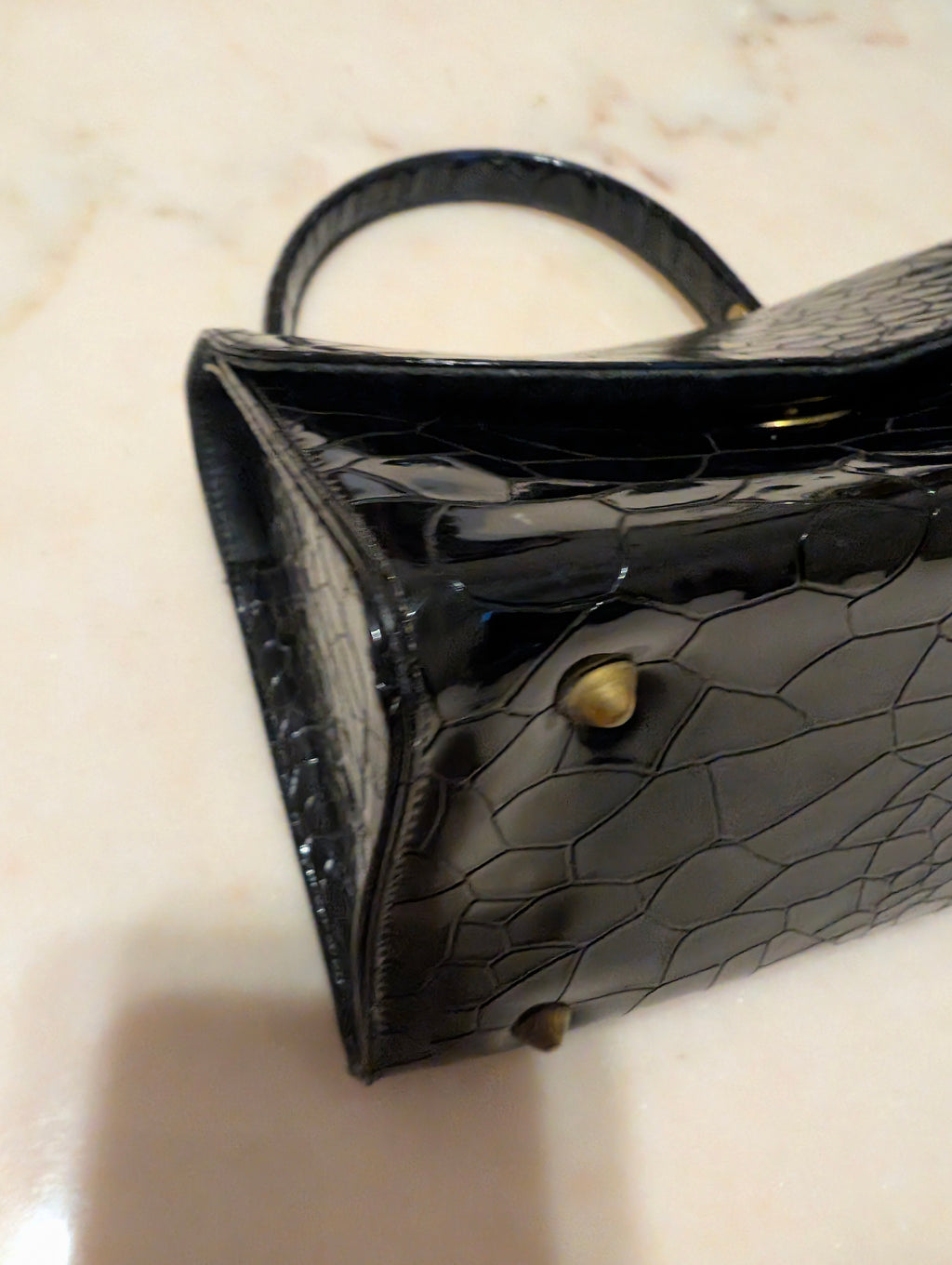 Black Patent Reptile Embossed Top Handle Handbag Mid Century Purse Retro