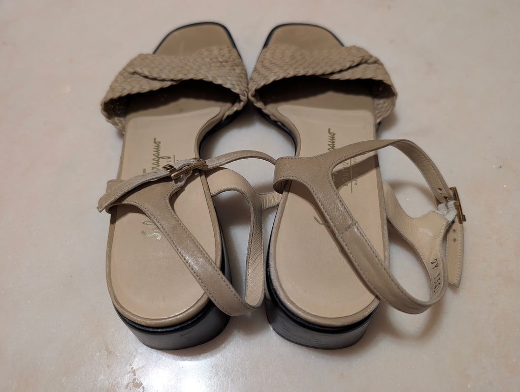 Salvatore Ferragamo Woven Leather Sandals Beige Italy Size 7B