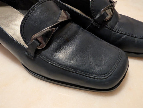 Black Leather Comfort Loafers Square Toe Block Heel Women's Size 6