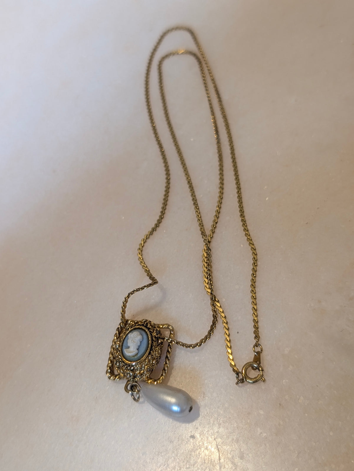 Vintage Cameo Necklace with Faux Pearl Drop