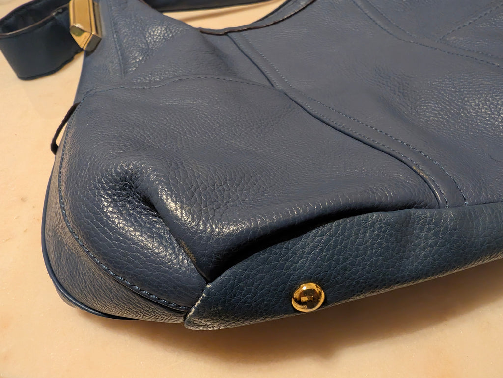 Tignanello Blue Pebbled Leather Boho Shoulder Bag Gold Hardware Large Handbag