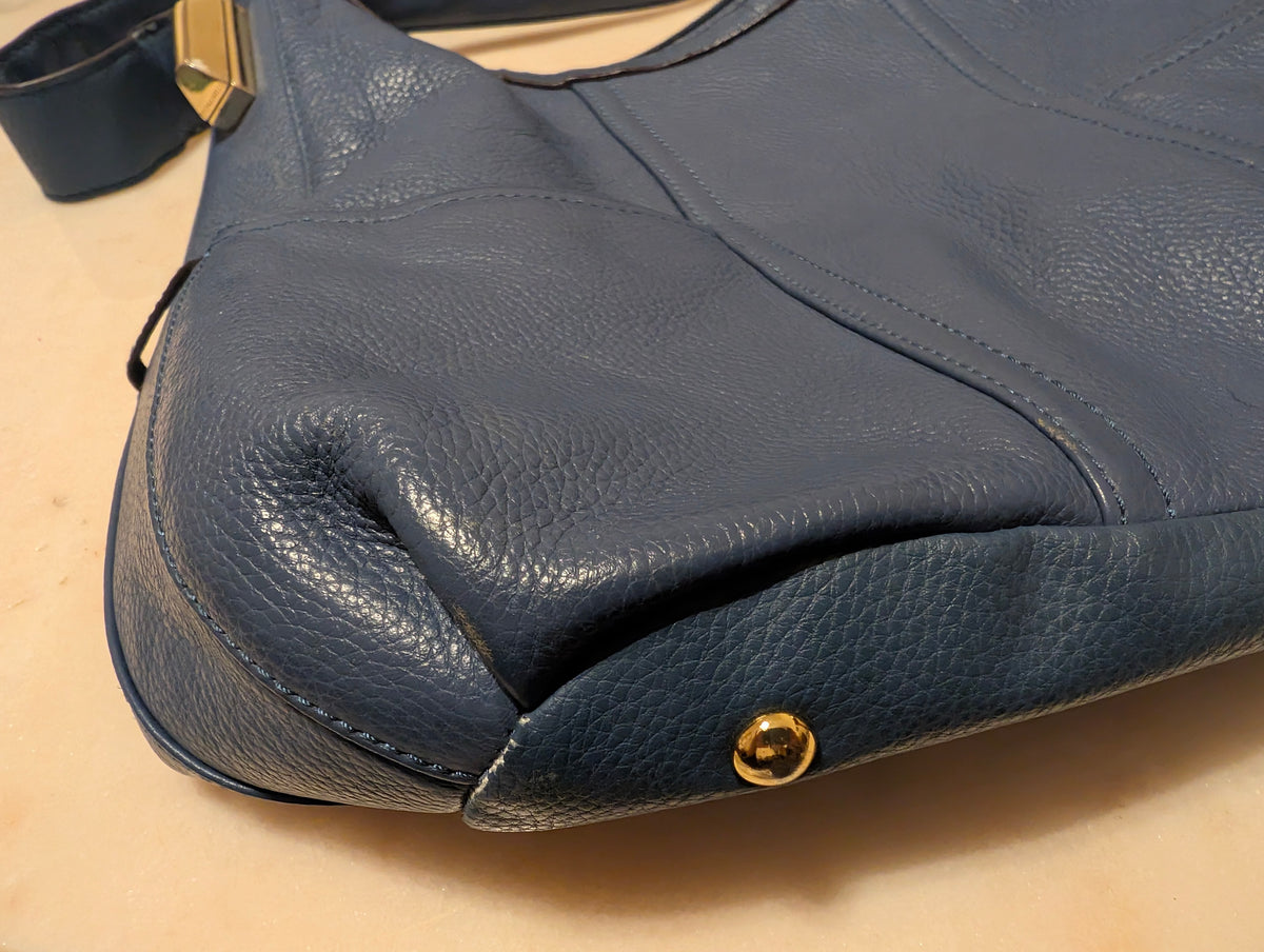 Tignanello Blue Pebbled Leather Boho Shoulder Bag Gold Hardware Large Handbag