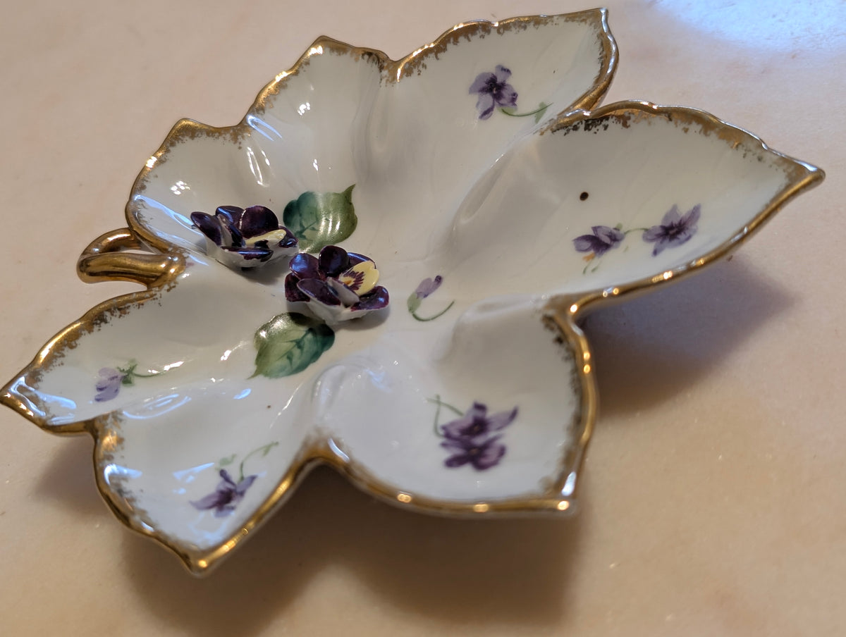 Norcrest Fine China Hand Painted Leaf Dish with Applied Pansies Gold Trim #8/596