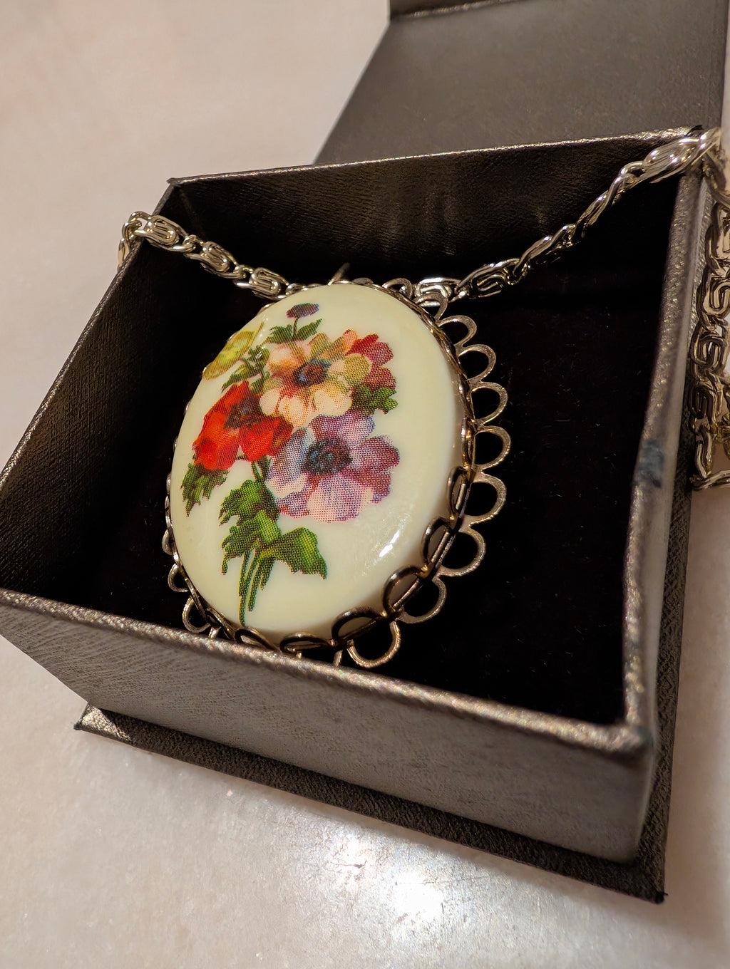 Vintage German Floral Cameo Pendant Necklace & Brooch