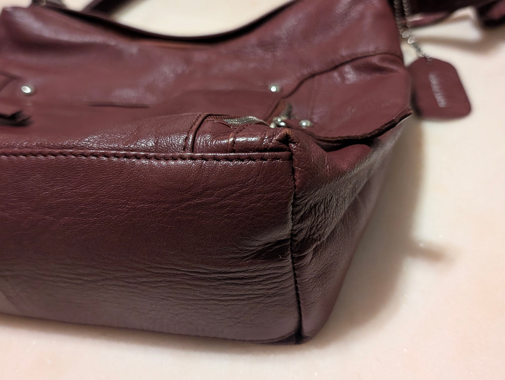 Burgundy Leather Shoulder Bag – Multiple Zip Pockets