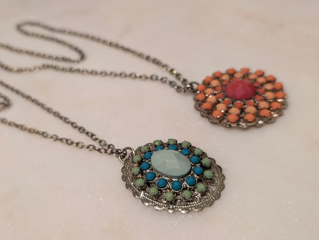 Vintage Statement Pendant Necklace (2, Pink and Aqua)