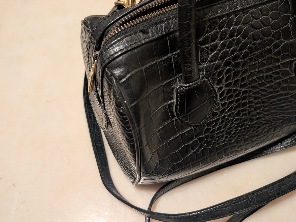 Enzo Angiolini Black Croc Embossed Leather Satchel Doctor Bag Crossbody Purse