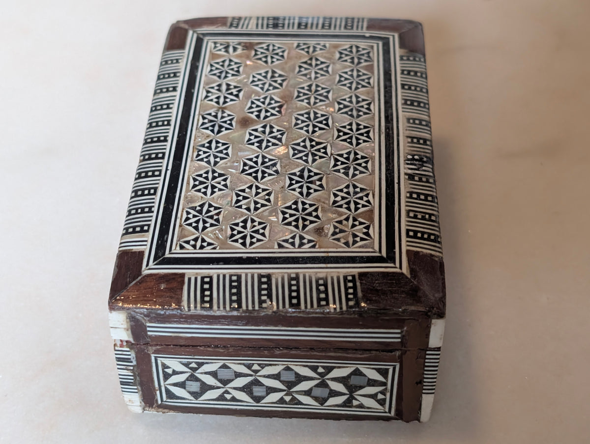 Syrian Style Mother of Pearl Inlay Wood Jewelry Trinket Box Red Velvet Lined