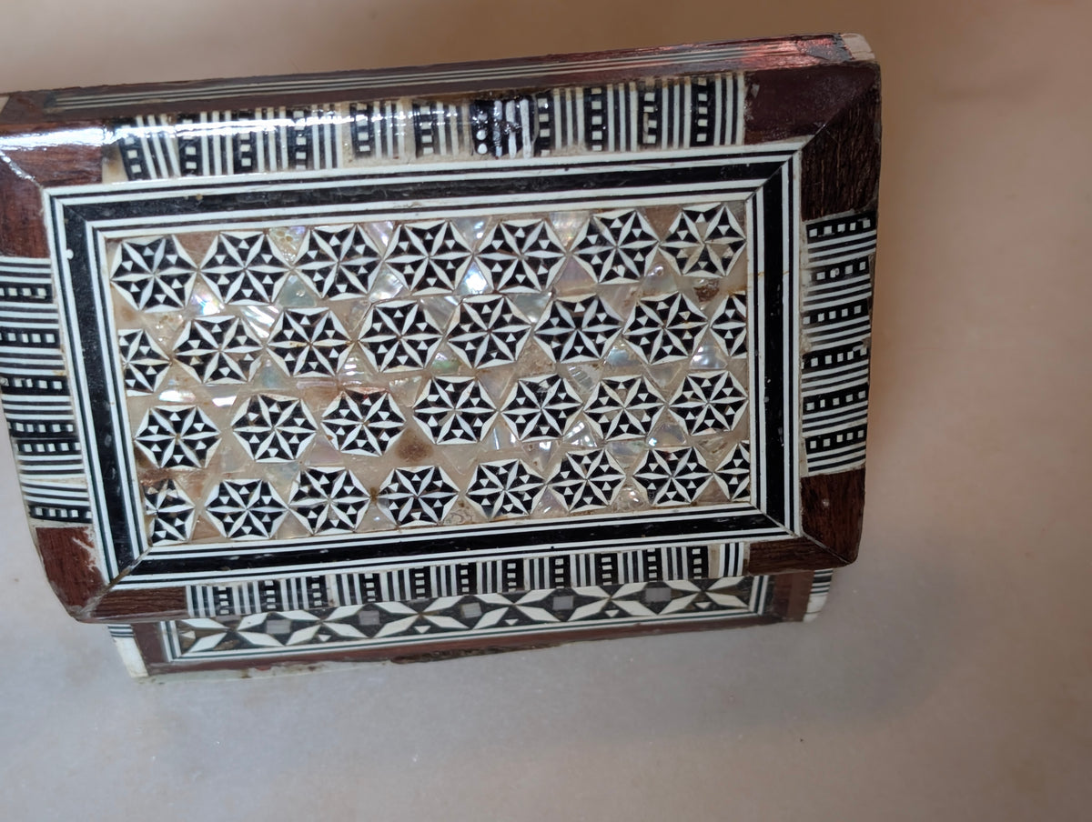Syrian Style Mother of Pearl Inlay Wood Jewelry Trinket Box Red Velvet Lined