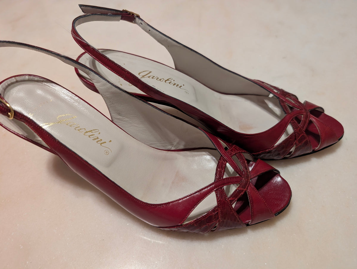 Jancolini Made in Italy Red Leather Slingback Heels Size 8M Peep Toe