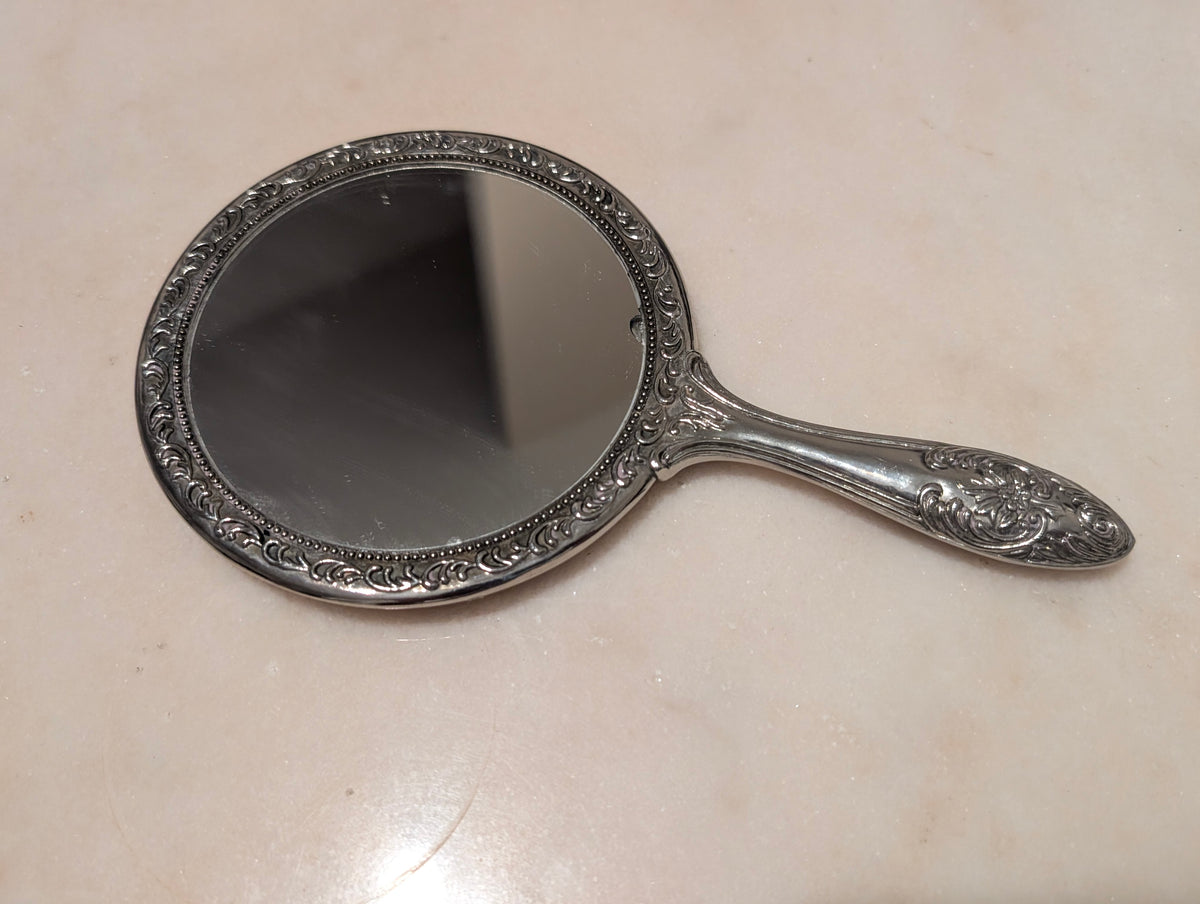 Vintage Ornate Silver Tone Hand Mirror Vanity Dressing Mirror Floral Scrollwork