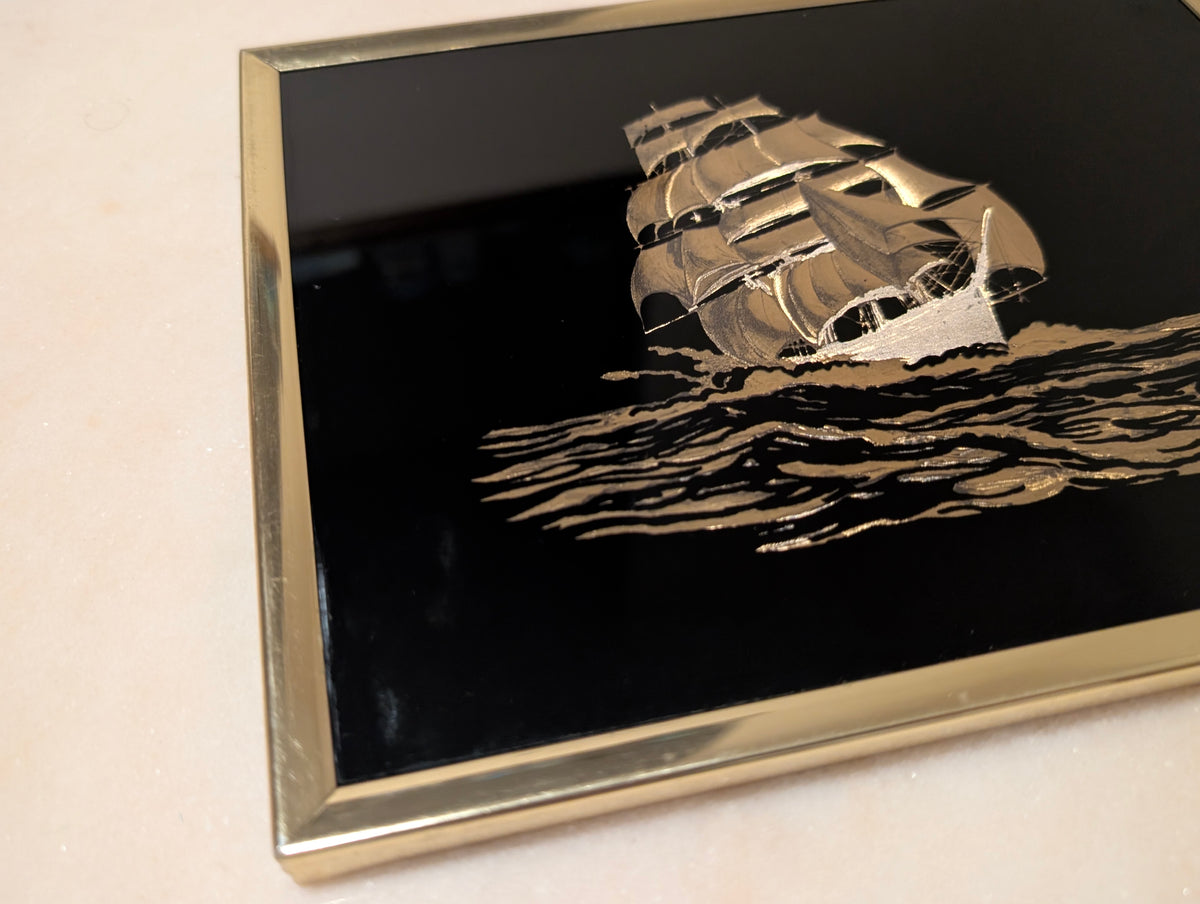 Vintage Kafka Industries #4118 3D Clipper Ship Foil Screen Etching Wall Art Framed Made in USA
