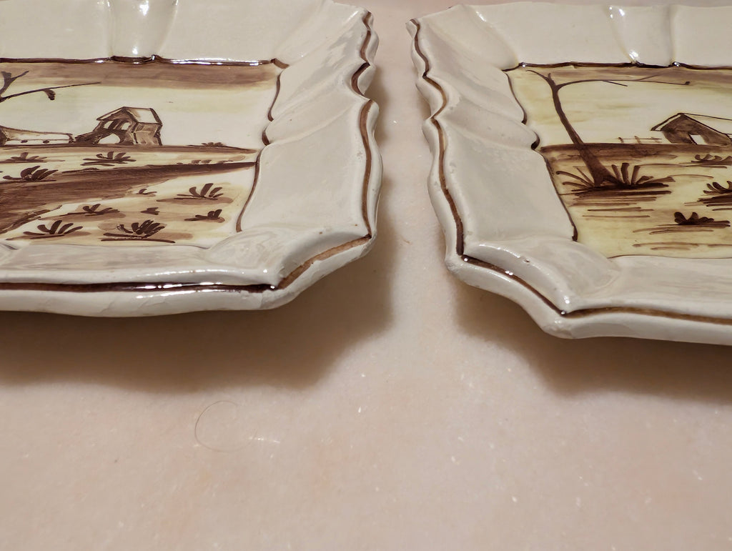 Vintage Italian Hand Painted Ceramic Landscape Plates Set of 2 Scalloped, Made in Italy