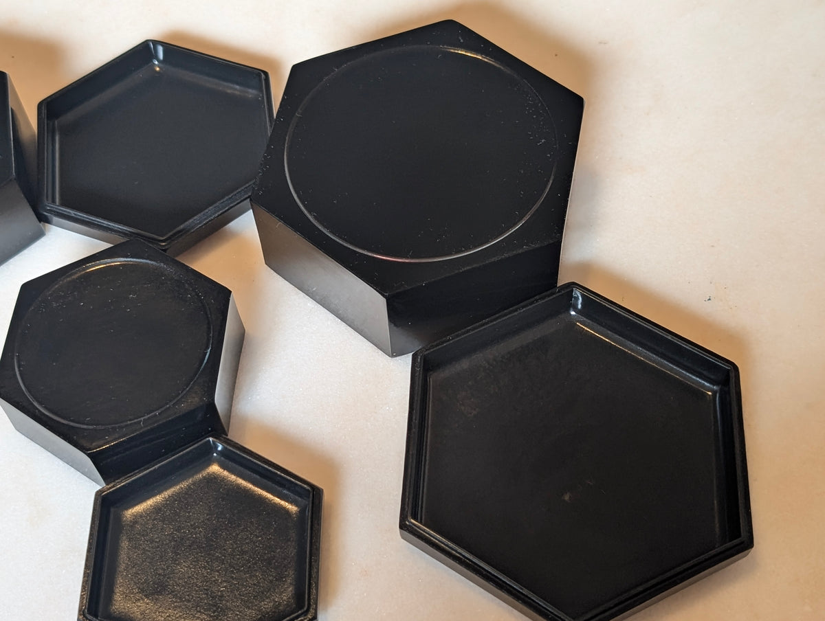 Japanese Black Lacquer Nesting Trinket Boxes Set of 3 Hexagon Mother of Pearl Butterfly Floral