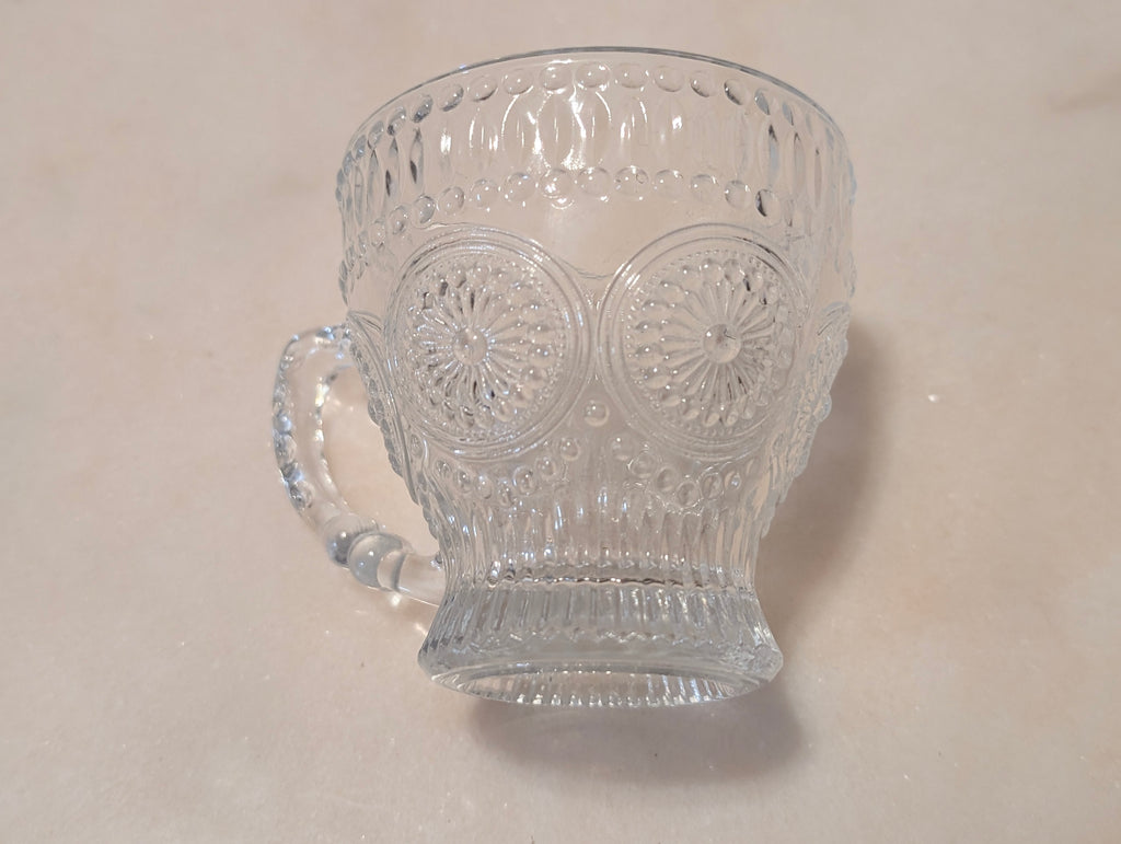 Vintage Clear Pressed Glass Teacup & Saucer Set Thumbprint Floral Pattern